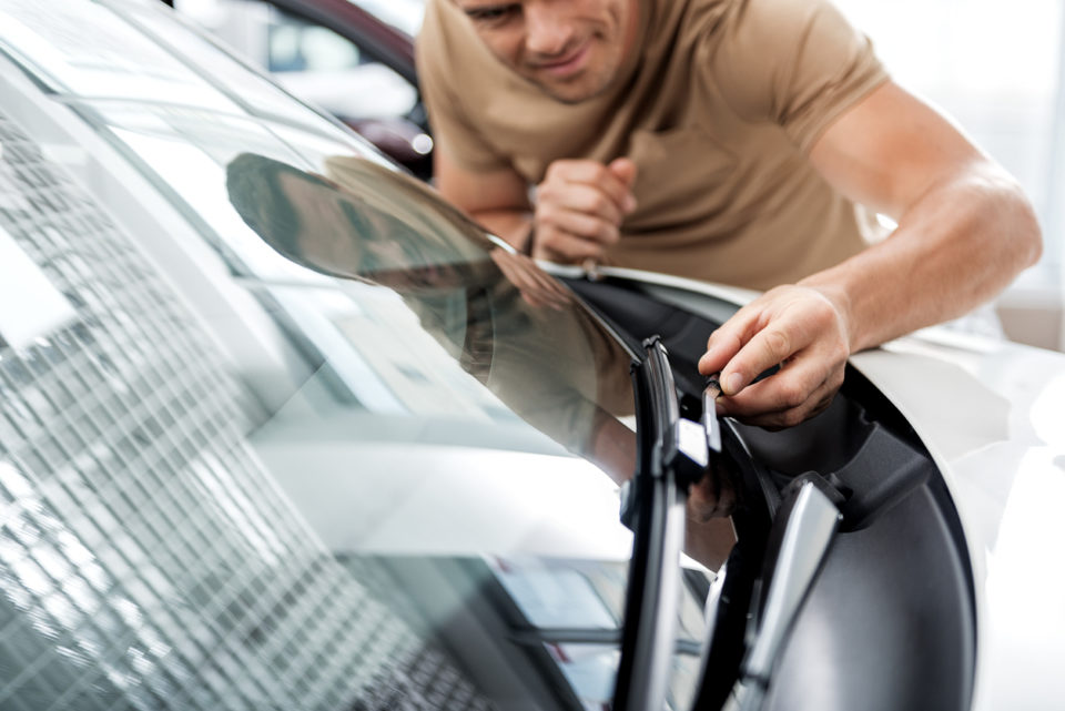 Cheerful male examining technical equipment of car