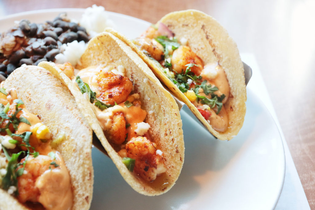 Shrimp Fish Tacos on with Wood Table