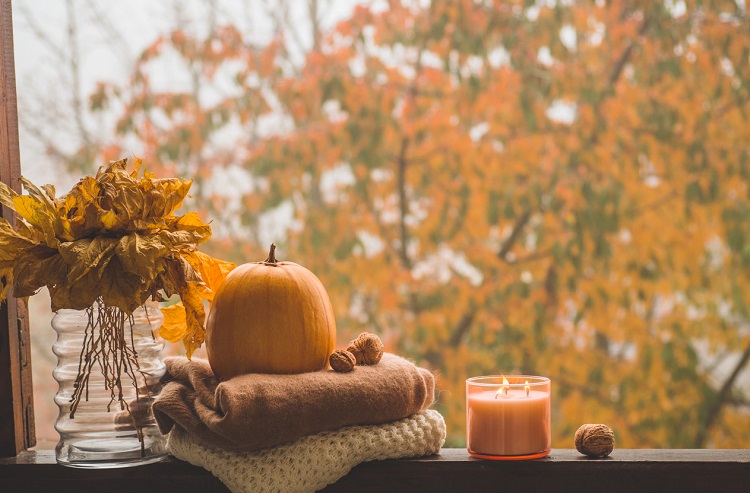window with fall flowers, pumpkin, sweaters, and candle